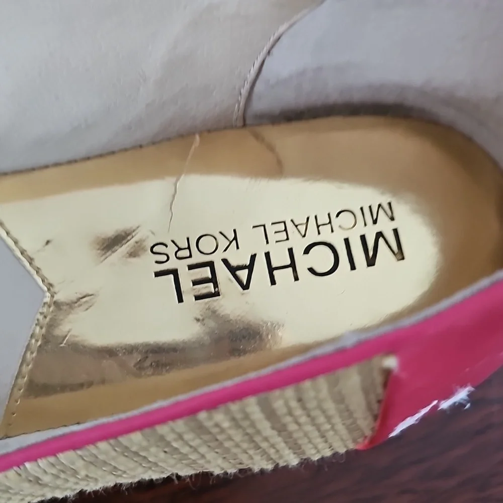 Michael Kors Jordana Pink & Straw Ballet Flats Patent MK Logo Sz 7M